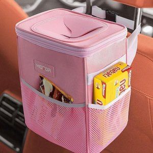 Pink Car Trash Can with Lid and Storage Pockets